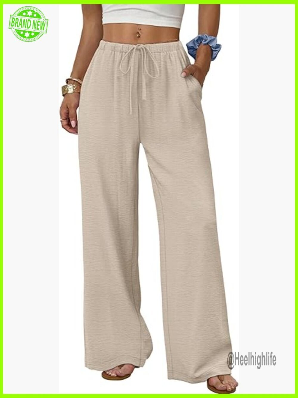 Wide Leg Palazzo Pants with Pockets, Drawstring Elastic Waist, Flowy Summer